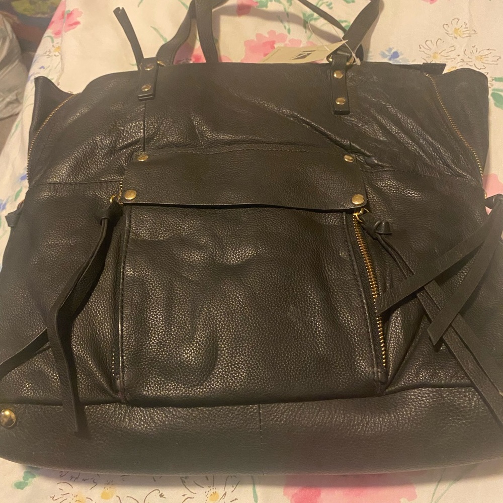 Black Leather Tote Bag with Gold Tone Accents - Picture 4 of 7